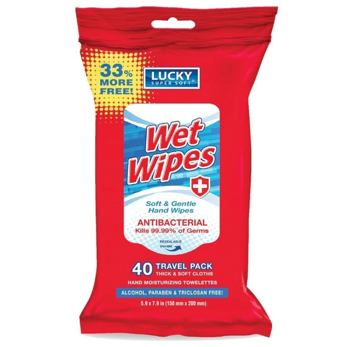 Red bag of Lucky Super Soft Wet Wipes.